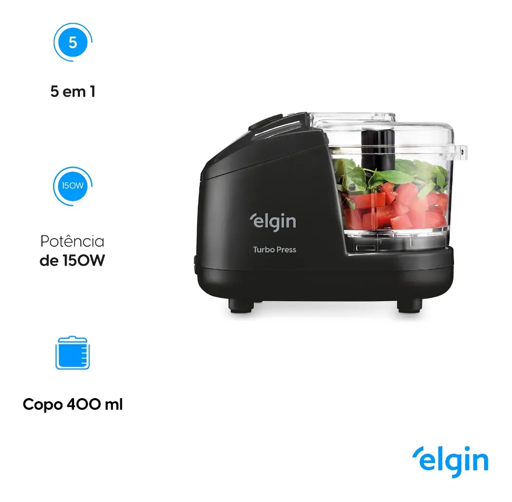 Mini Processador Elgin Turbo Press 400 mL Preto Para Cozinha